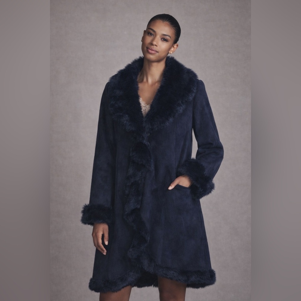FABULOUS FURS Navy Blue Faux Fur-Trim Coat - Size Small